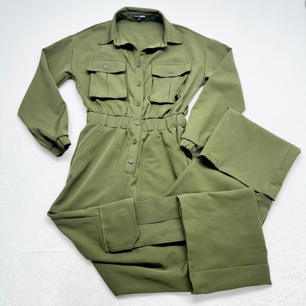 Fashion Nova Utility Cargo Jumpsuit Womens Olive Green Streetwear XS Polyester